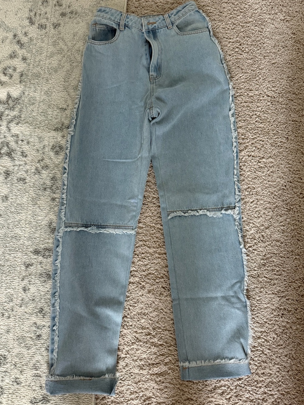 Women's Light Blue Straight Leg Jeans with Frayed Side Seams